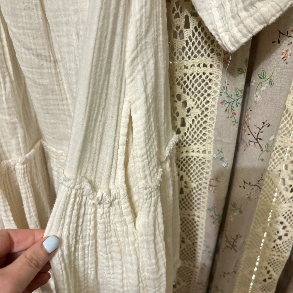 Free People Cream‎ Gauze Babydoll Tunic Dress XS Oversized Boho Cottagecore